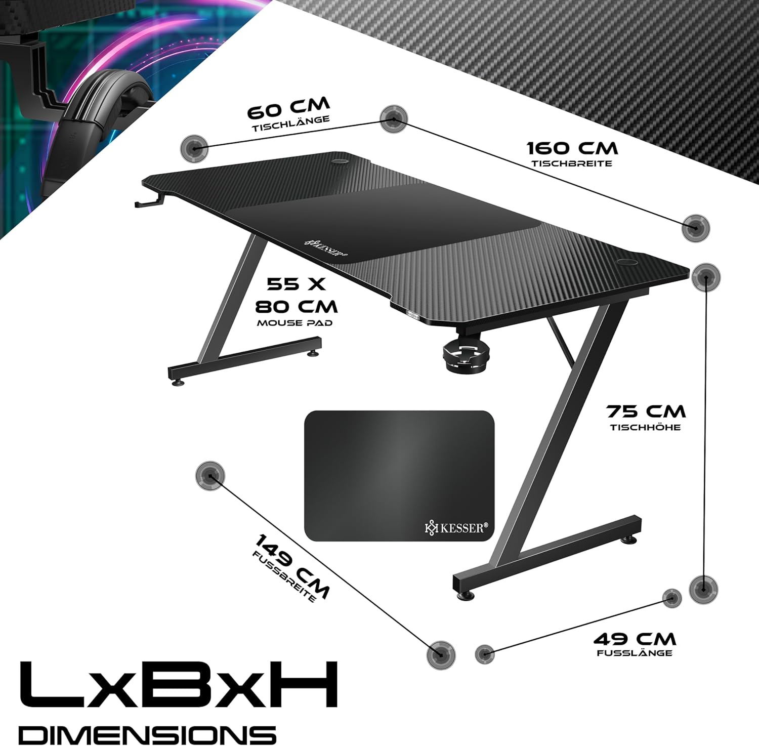 Thumbnail 1 de KESSER® Gaming Tisch 160 x 60 cm (Z-Form) mit Getränkehalter, Kopfhörerhaken & Kohlebeschichtung