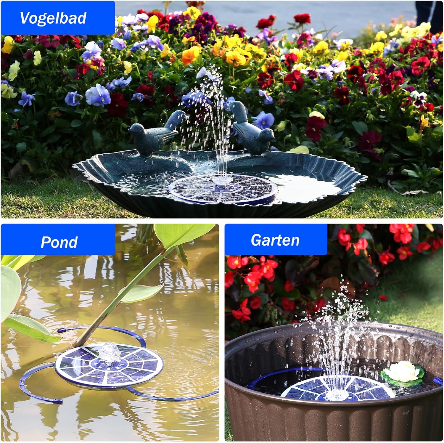 Detalle de AISITIN LED Solarbrunnen für Draußen – Blaues Glas, 3,5W Solarpumpe mit 3000mAh Akku