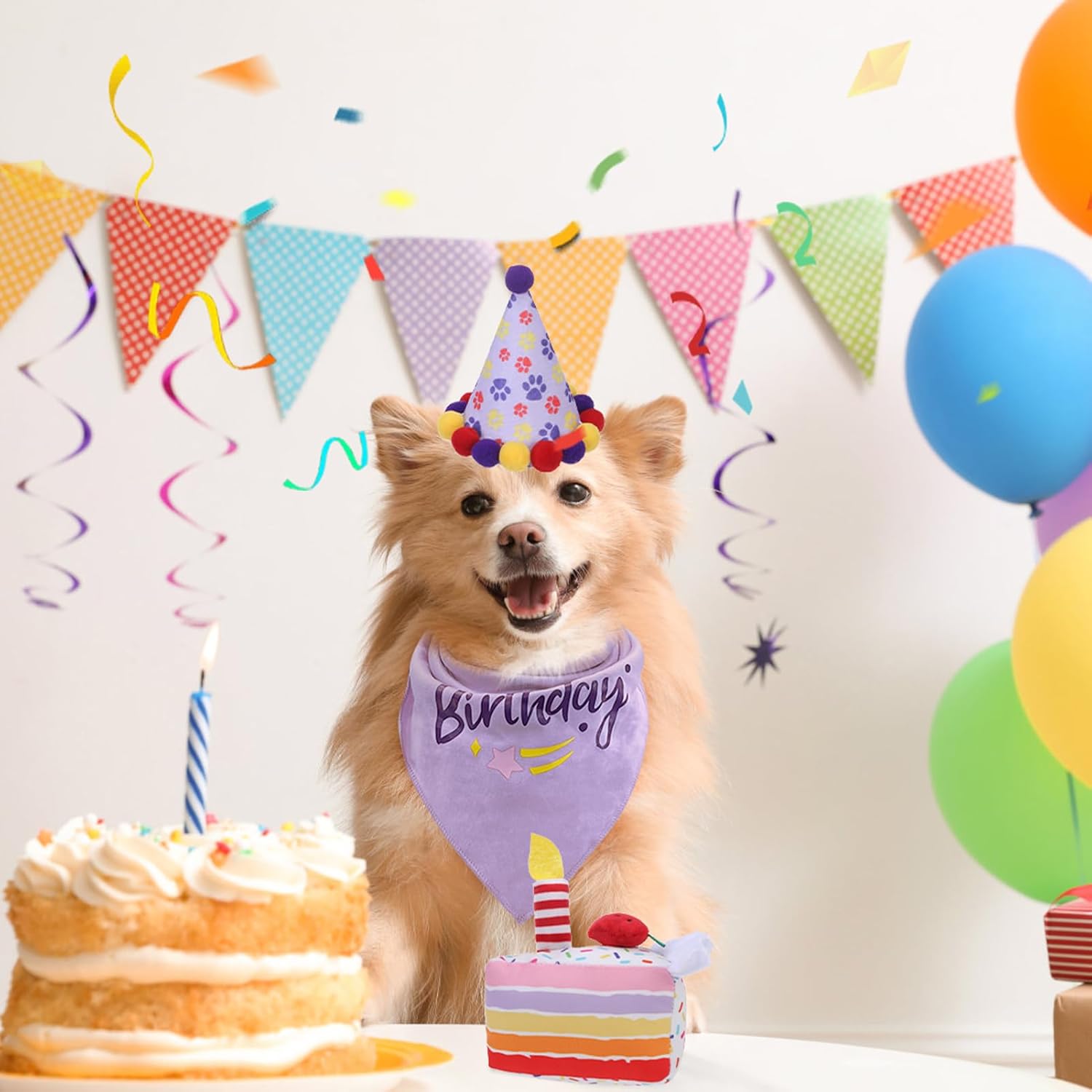 Thumbnail 6 de KOOLTAIL Dog Birthday Bandana Hat Squeaky Cake Plush Toy Set (Purple) – Adjustable birthday outfit + squeaky plush