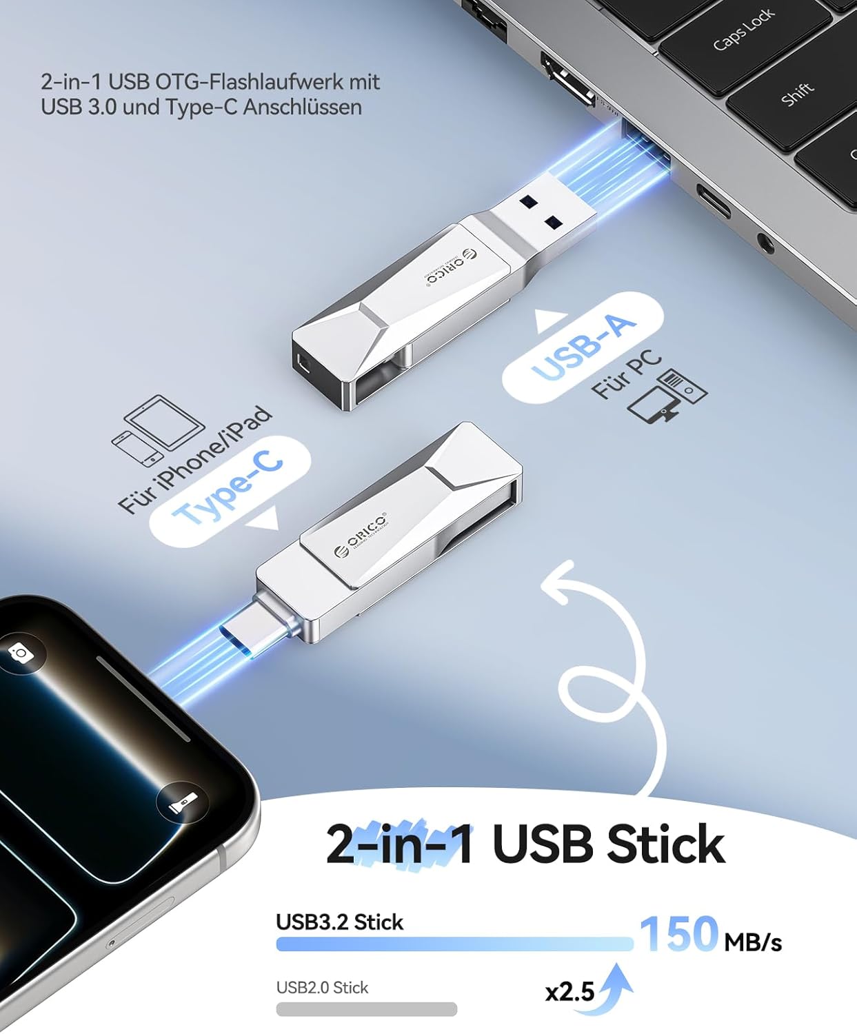 Thumbnail 1 de ORICO USB Stick CB05 128 GB mit USB‑C & USB‑A (2‑in‑1), bis zu 150 MB/s, silber