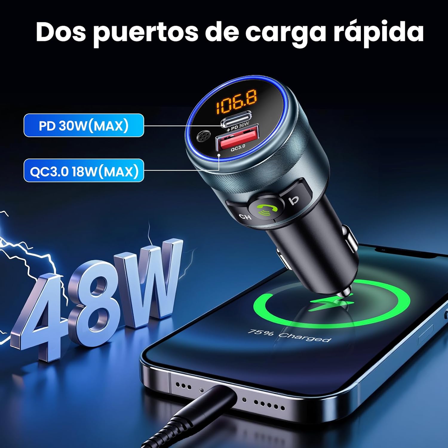 Detalle de GizmoVine Transmisor FM Bluetooth Coche 48W
