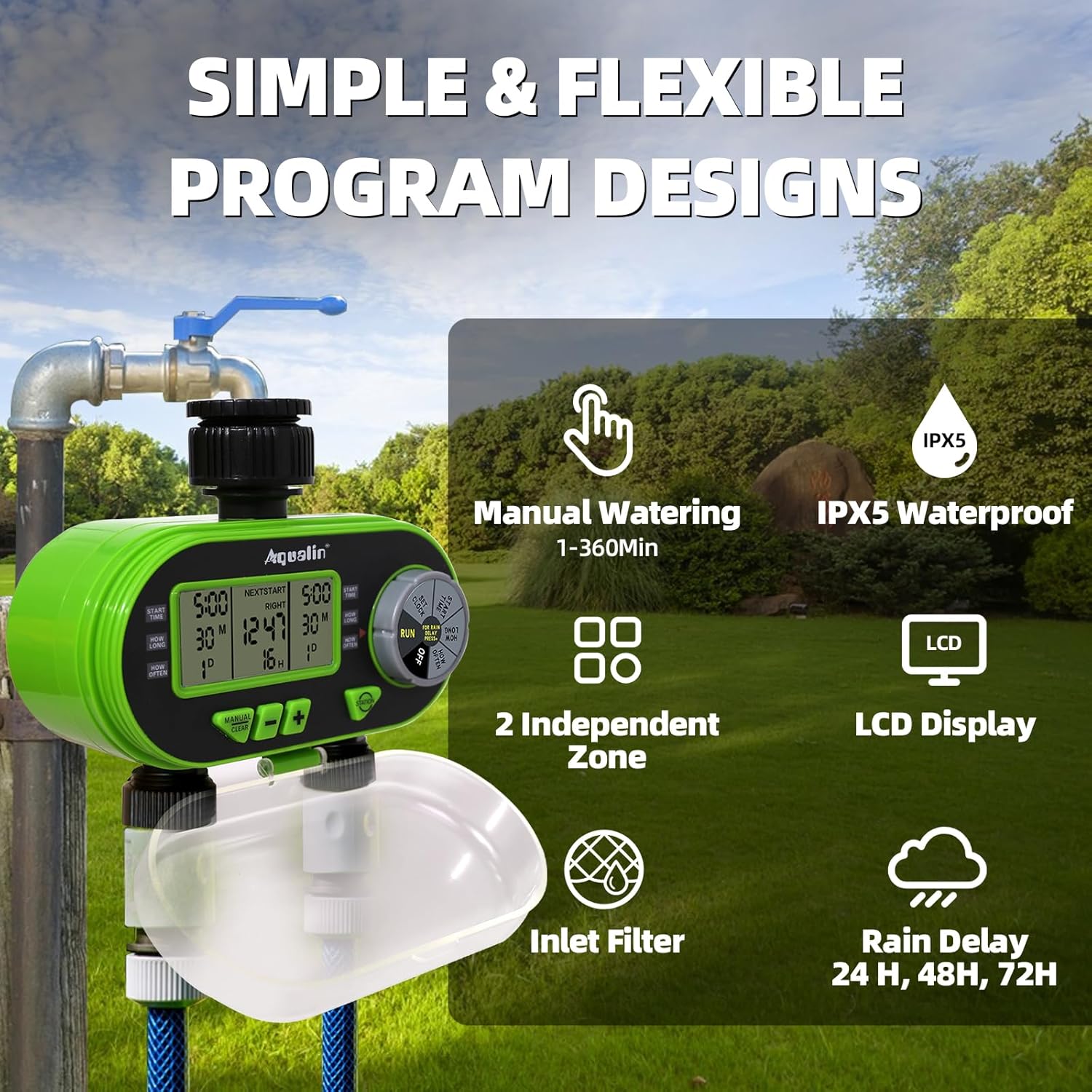 Thumbnail 1 de Aqualin Centralina Irrigazione 2 vie con orologio da giardino e schermo LCD