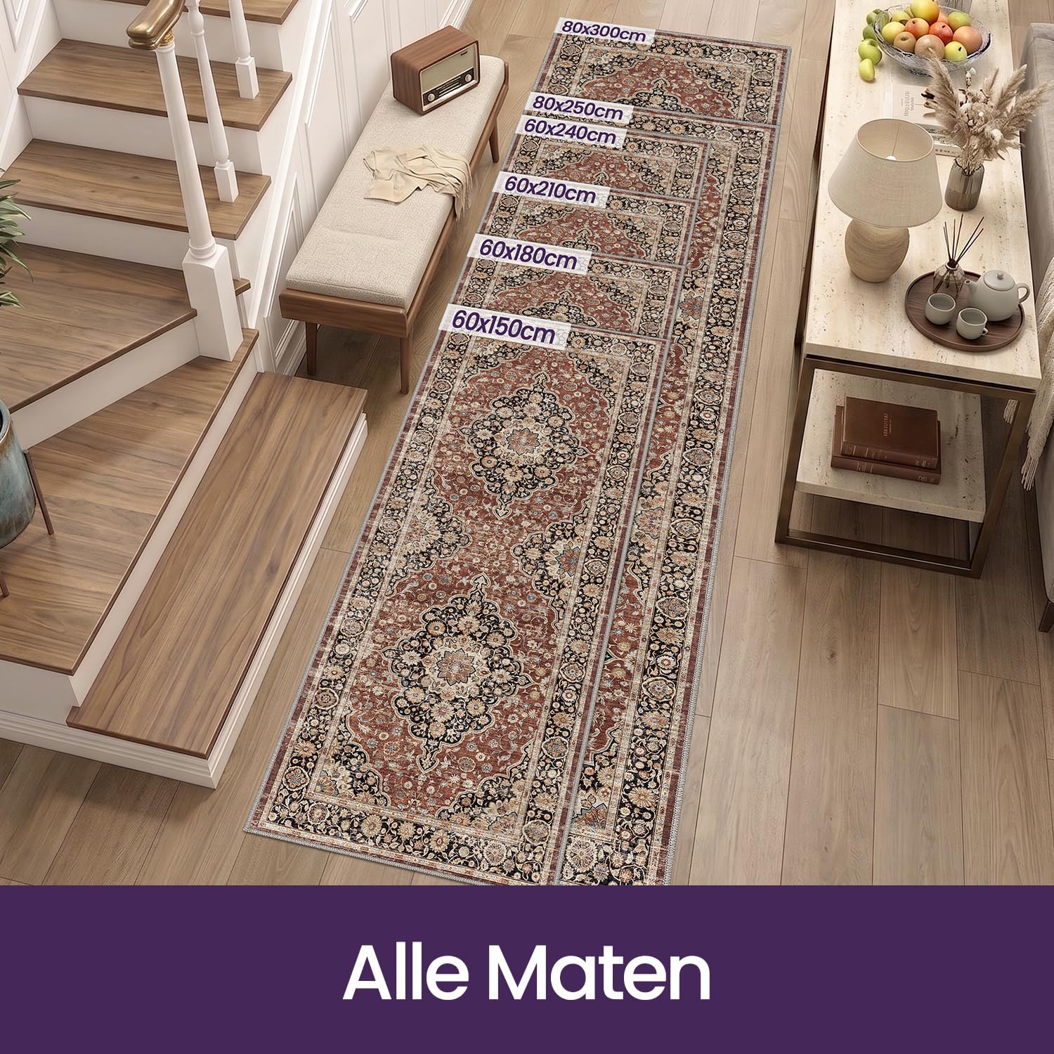Thumbnail 4 de DEXI gangloper 60 x 210 cm, roestrood met bloemenpatroon en antisliprug