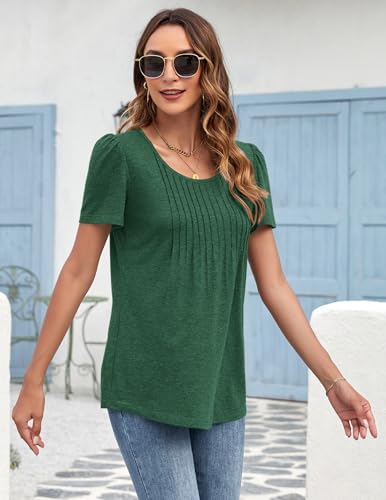 Detalle de MOLERANI Ladies Tops Round Neck Loose Casual Pleated T Shirt – Green, XL