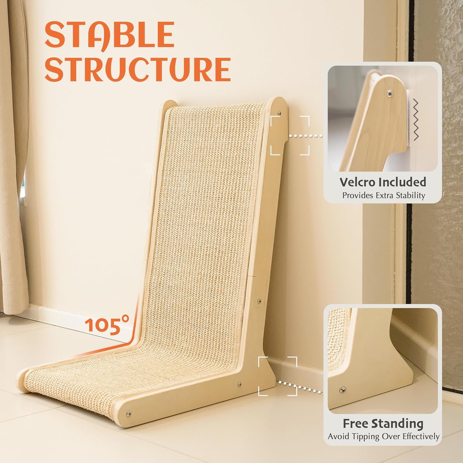 Detalle de PETKARAY 105° Sisal Cat Scratcher — 57cm High, L-Shaped Post for Indoor Cats, Floor Mounted with Catnip