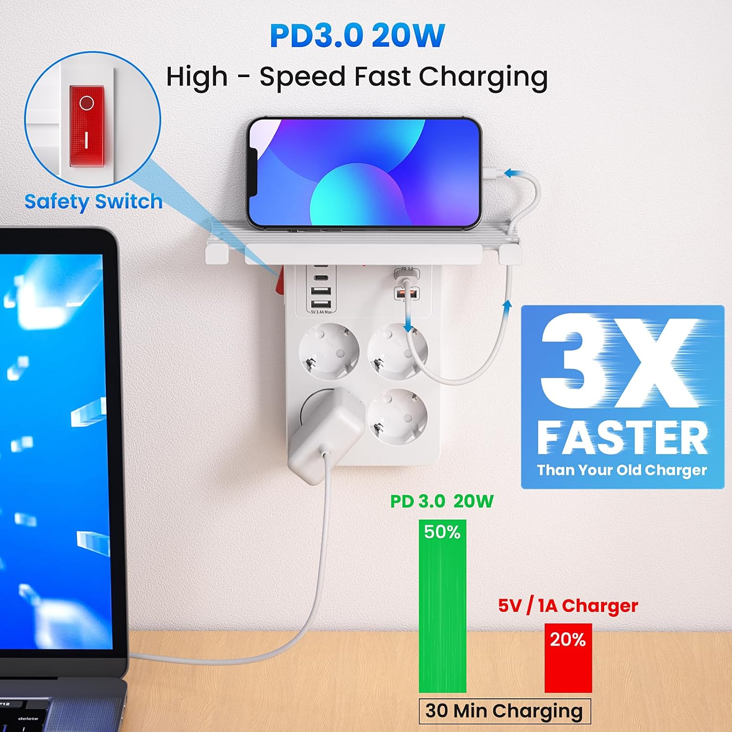 Detalle de PD20W Multipresa 4 prese 6 USB con ripiano