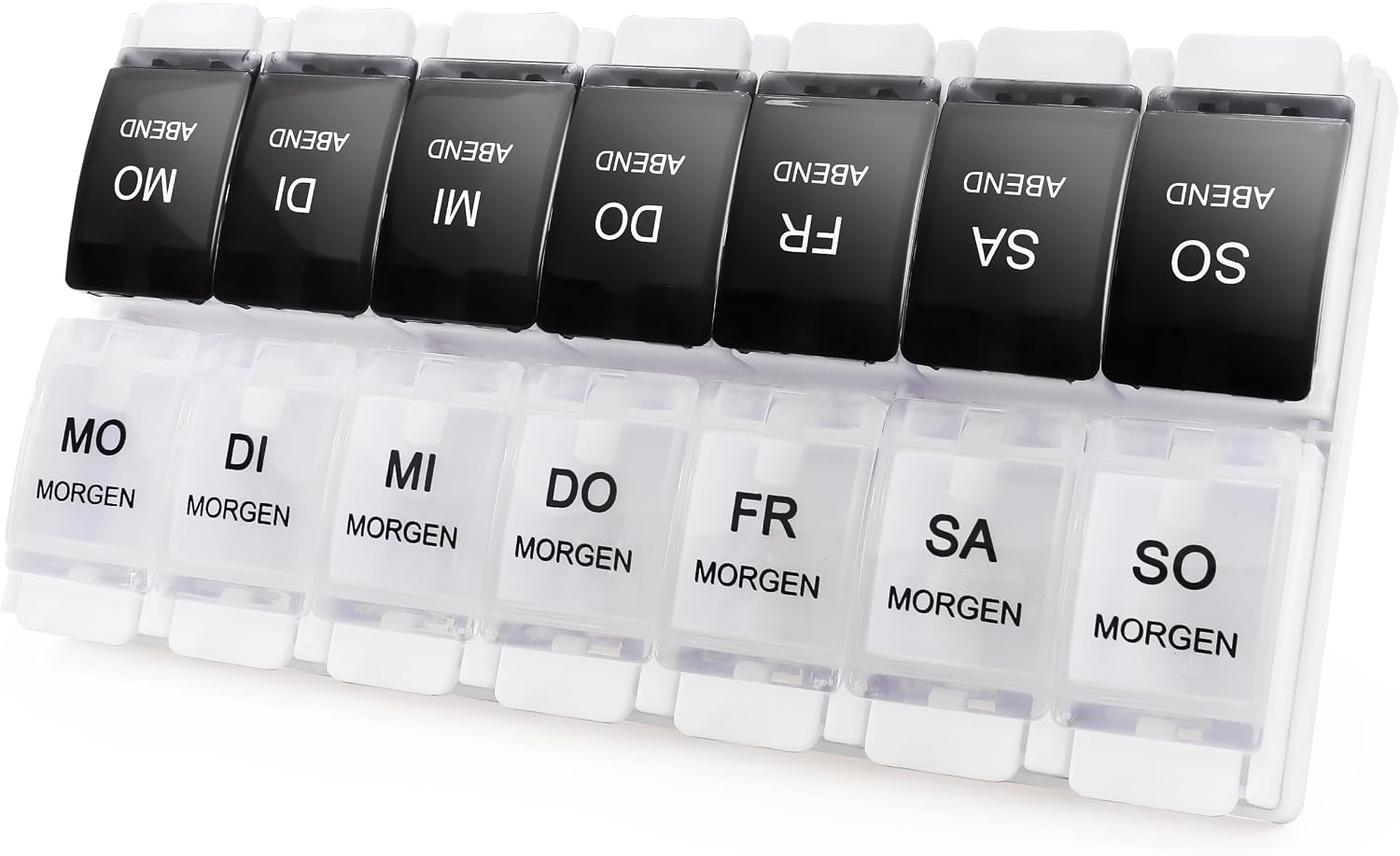 Thumbnail 6 de MOLN HYMY Medikamentenbox für 7 Tage mit 2 Fächern (AM/PM), BPA-frei, 14 Fächer, Druckknopfdeckel in Schwarz/Weiß