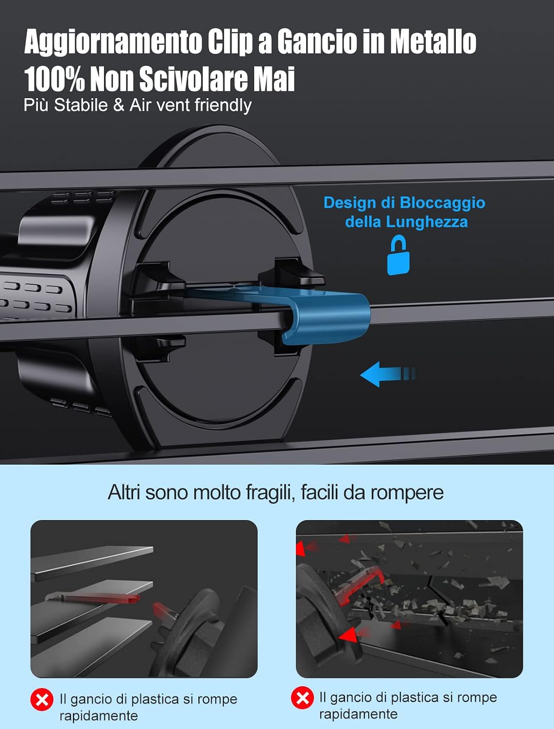 Thumbnail 2 de Glangeh Porta Cellulare Auto 360° – Gancio Aggiornato per Bocchette d'Aria (4"–7"): Compatibile con iPhone 17/16/15 e altri