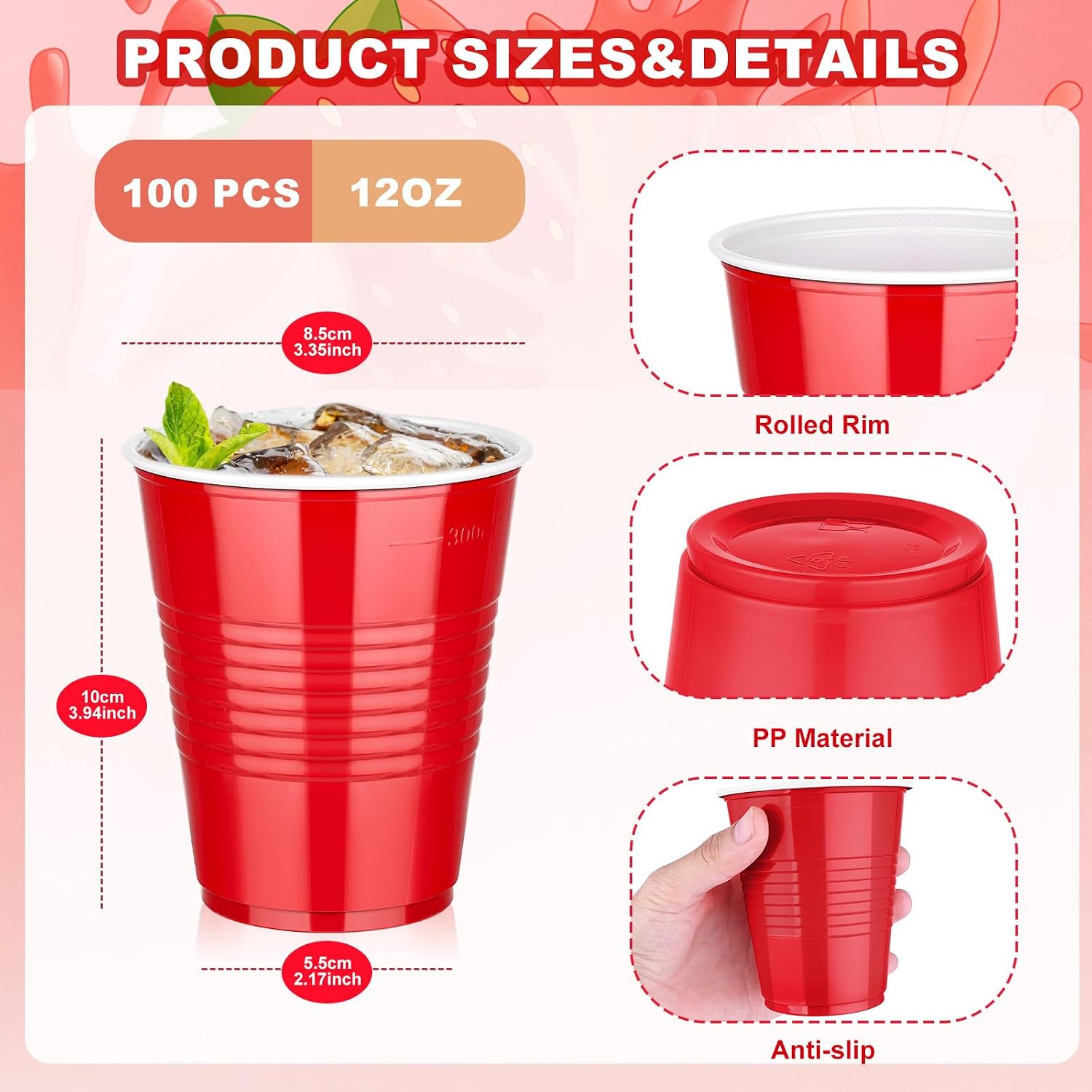 Detalle de DI QIU REN DQR-CA-28 12 oz Red Disposable Plastic Cups, Textured and Stackable