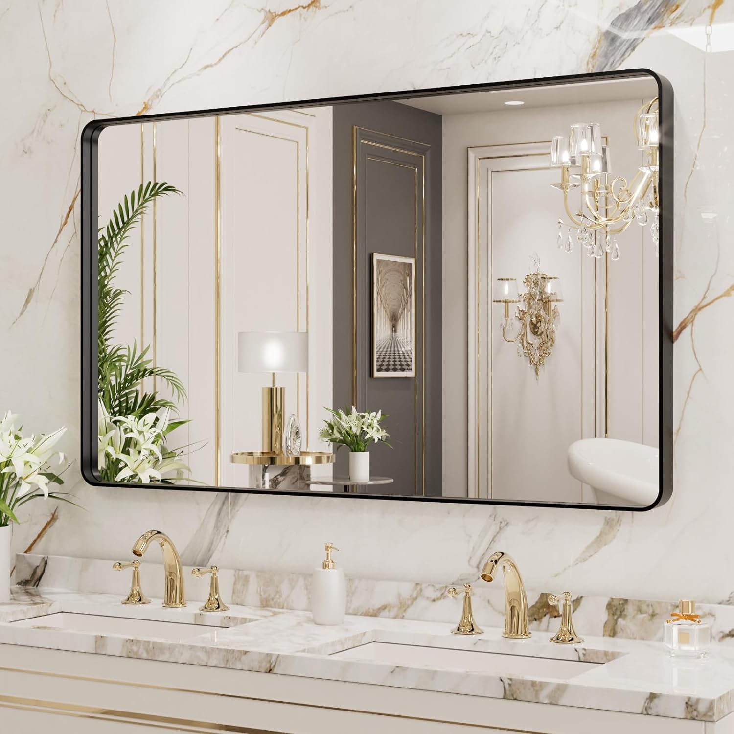 Detalle 2 de LOAAO 40x36 Inch Black Metal Framed Bathroom Mirror