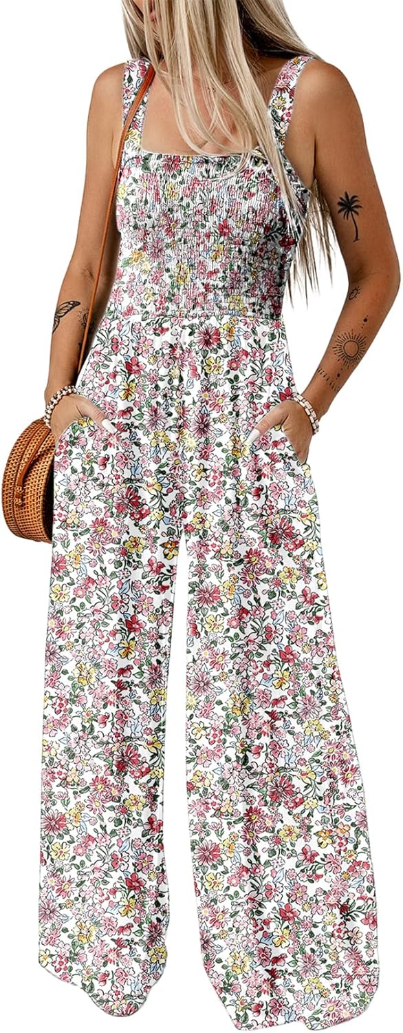 Detalle de Dokotoo Damen Jumpsuit Sommer Blumenmuster – Latzhose mit Taschen, Weite Beine, Größen S–2XL