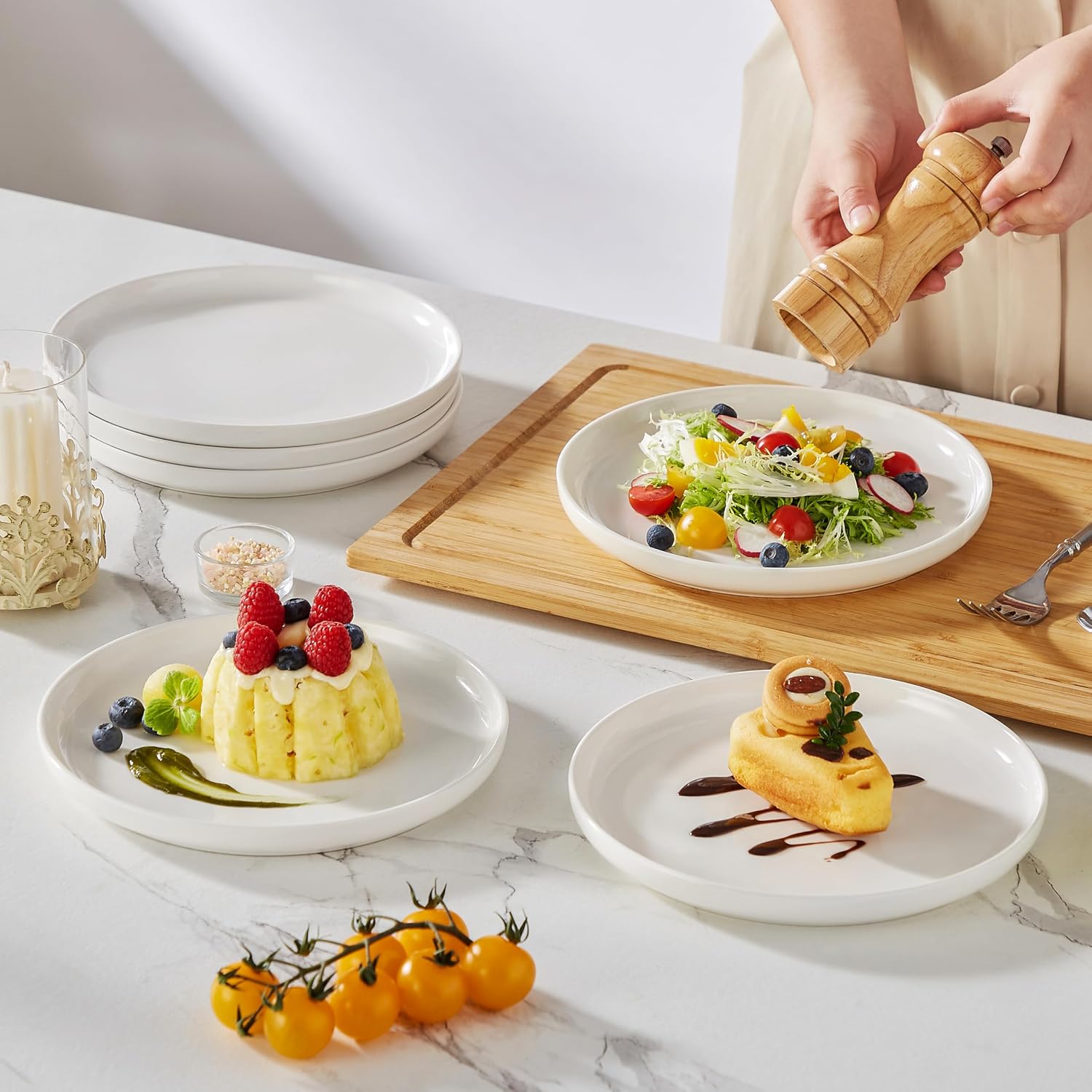 Detalle de MALACASA LUNA Dessertteller-Set für 6 Personen, Ø 21 cm – Weißes Porzellan, erhöhter Rand