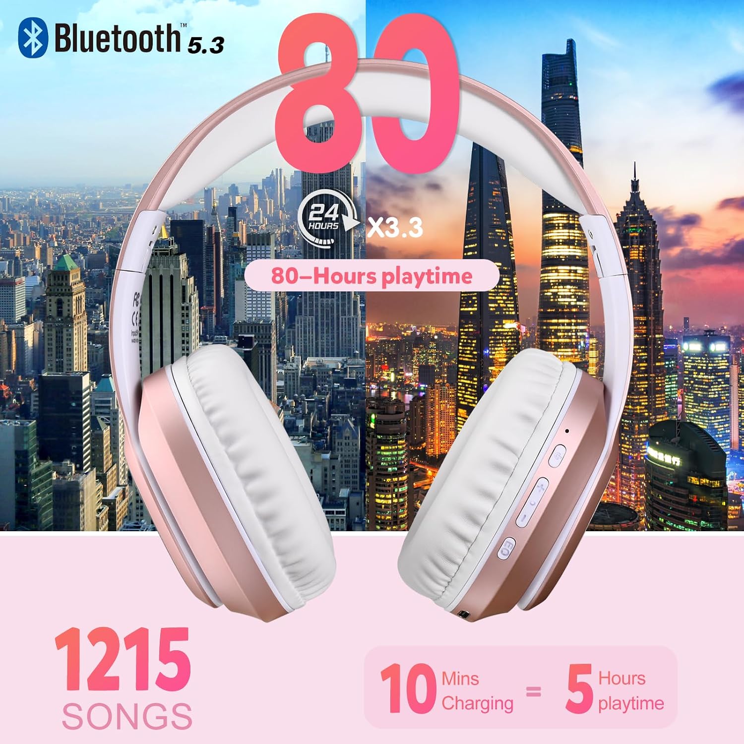 Detalle de WorWoder W-915 wireless over-ear headphones with 80 hours playtime and microphone (Rose Gold)