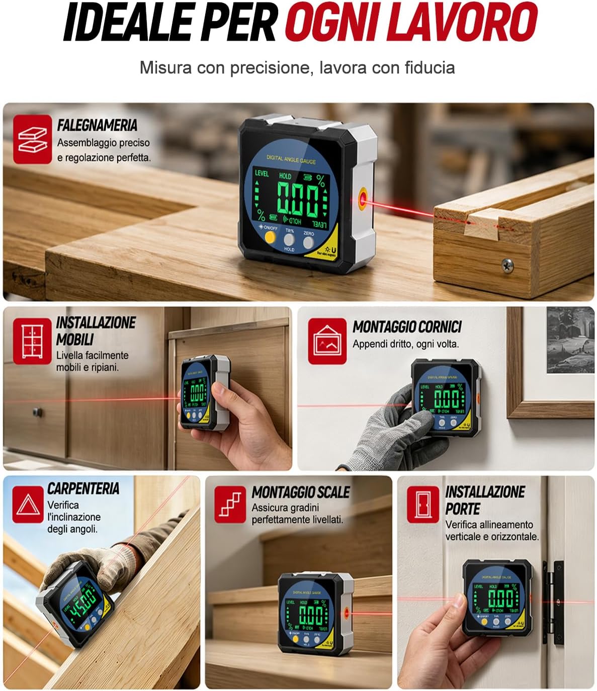 Detalle de Lytool Inclinometro Digitale con Doppio Fascio Laser e 4 Lati Magnetici: precisione 0,2° e IP54