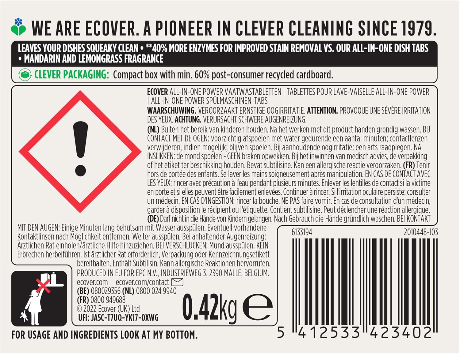 Thumbnail 1 de Ecover Power Tablettes lave-vaisselle tout-en-un — 24 tablettes parfum mandarine et citronnelle