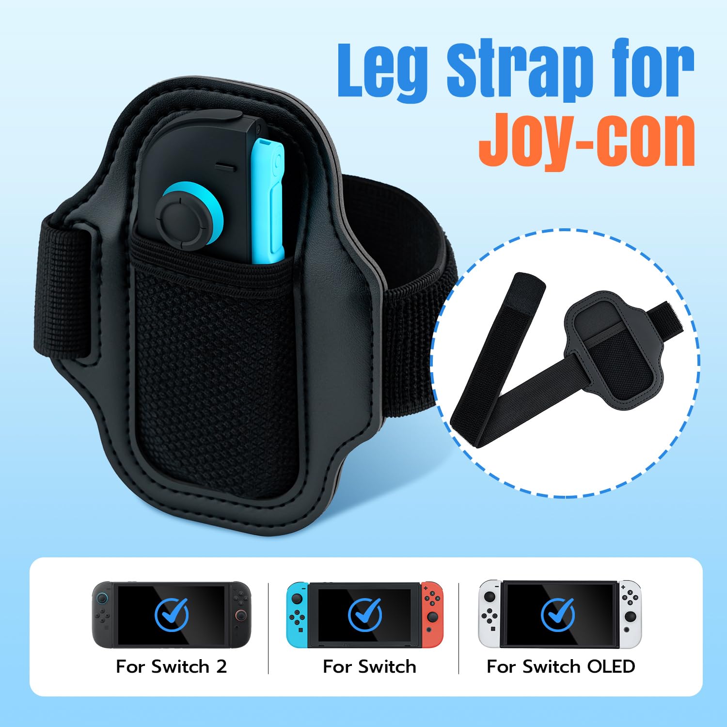 Detalle 2 de Mcbazel Joycon-Beingurt für Nintendo Switch 2 / Switch – verstellbares elastisches Beinband mit PVC-Halterung, 40/60 cm, Schwarz