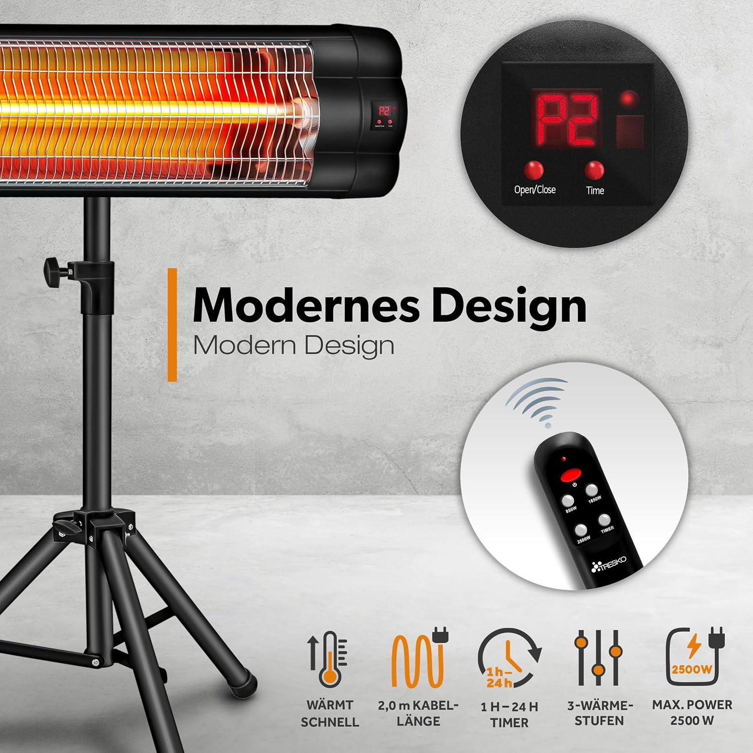 Detalle 2 de TRESKO THSL-001 infrarood warmtestraler, 2500 W met afstandsbediening