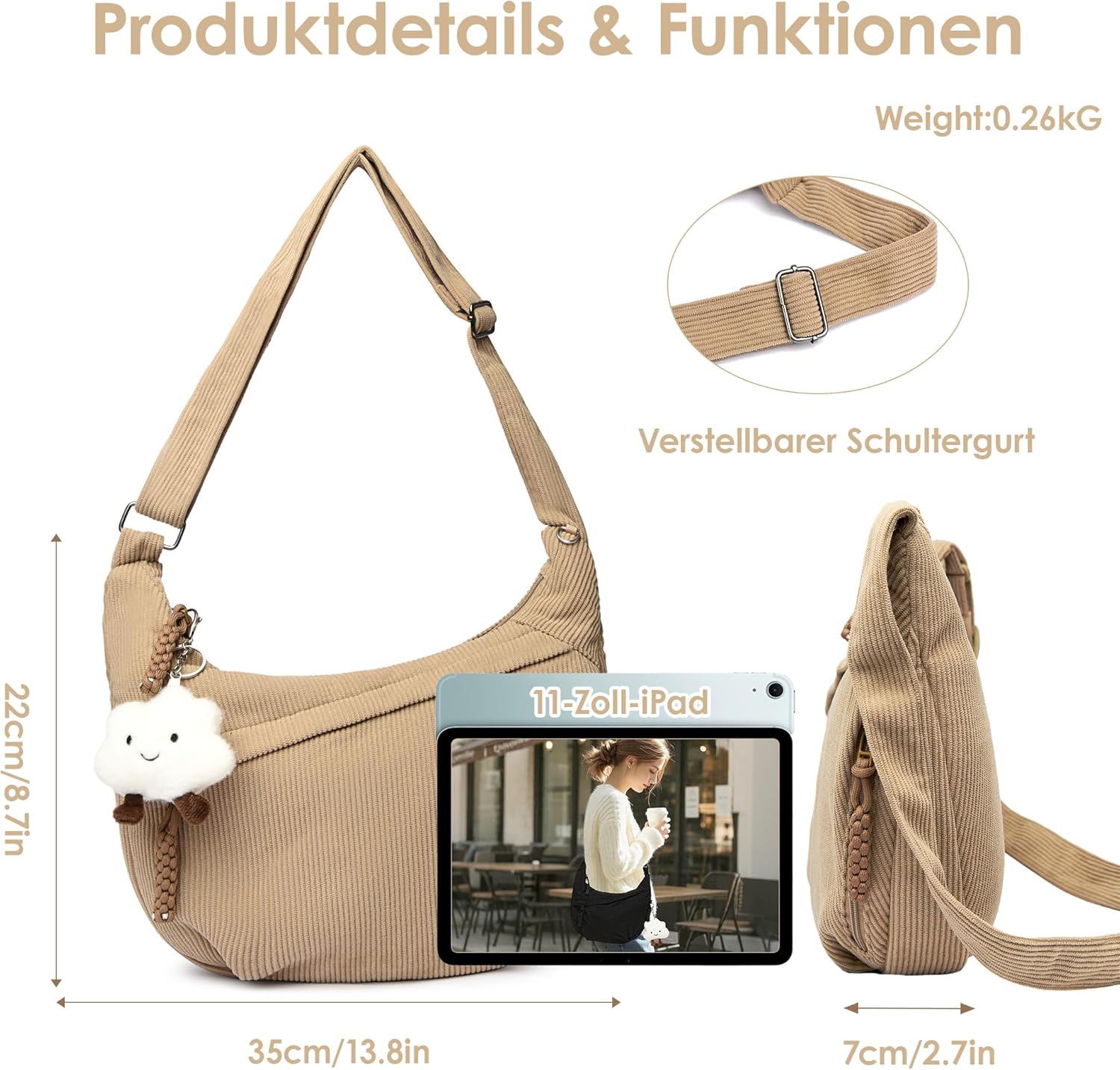 Thumbnail 5 de Micmores Moon Bag aus Cord – Crossbody mit iPad-Fach, Modell 2026