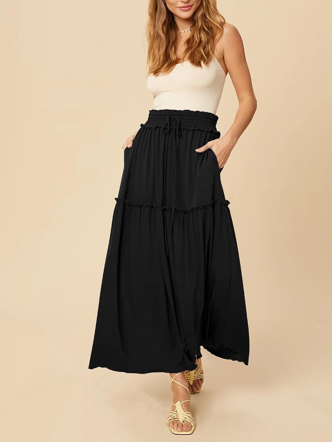 Detalle de MAYFASEY Women's Maxi Skirt with Elastic Waist and Pockets – Casual Boho A-Line Midi/Summer Skirt