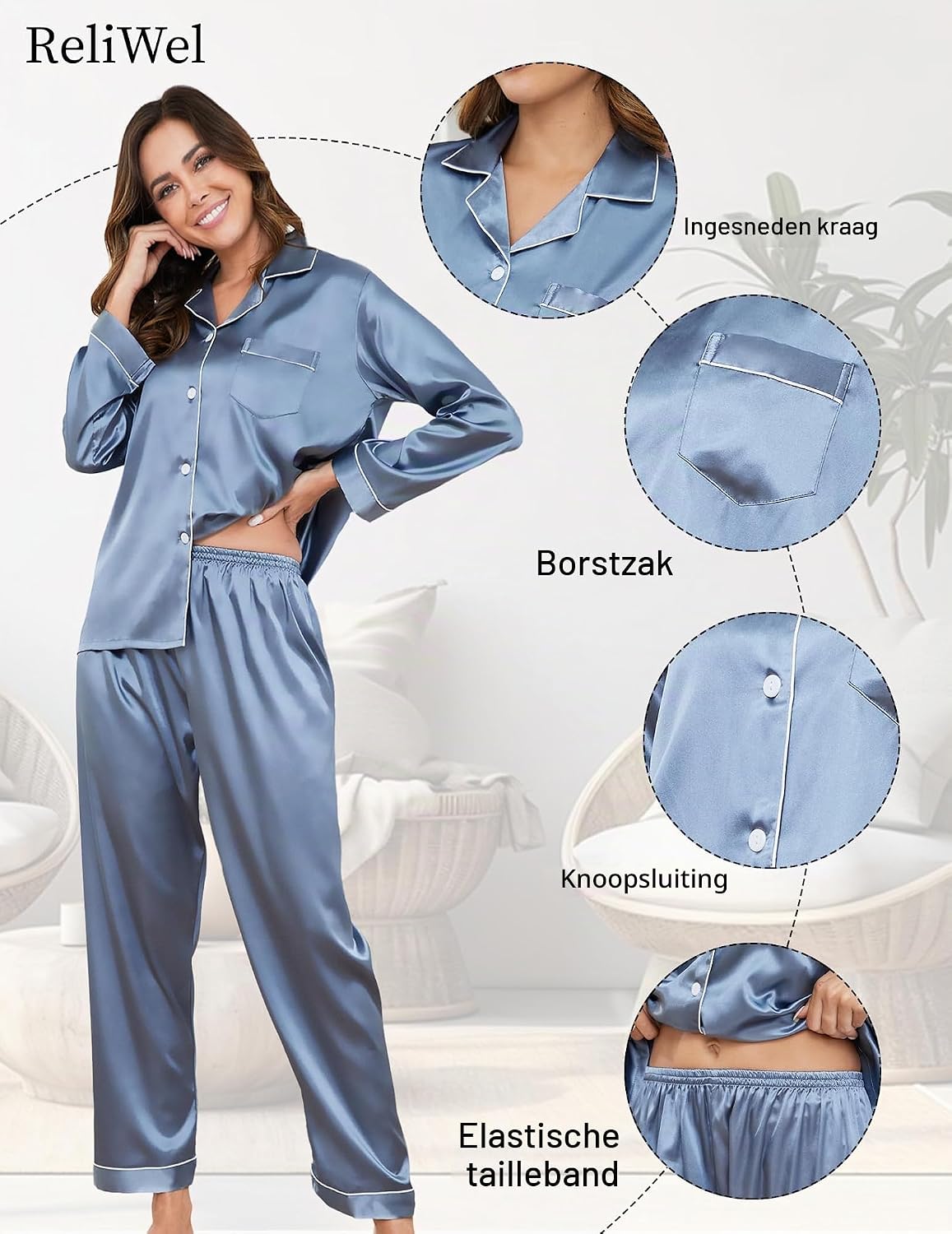Detalle 2 de Reliwel satijnen damespyjamaset met knoopsluiting, V-hals en elastische broek