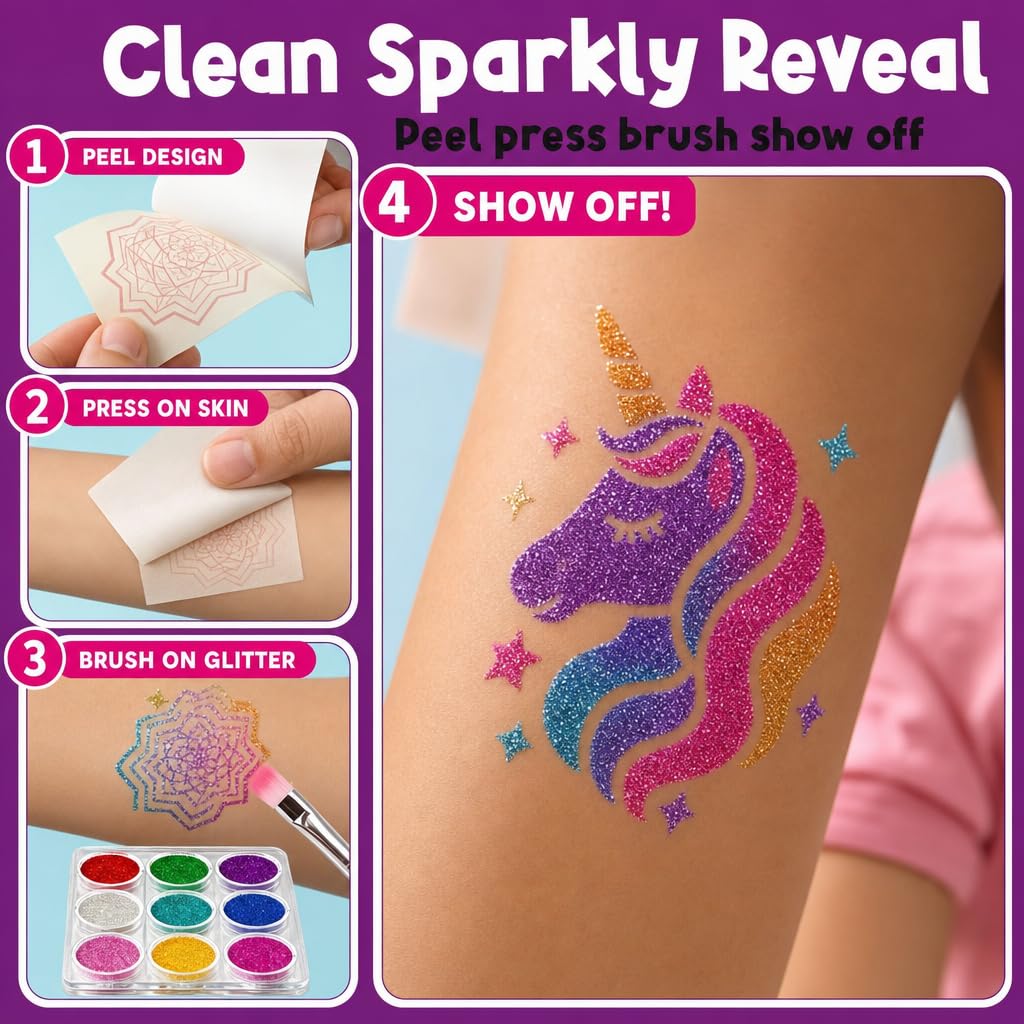 Detalle de Purple Ladybug 175-Piece Temporary Glitter Tattoos Kit for Kids (Ages 6–12)