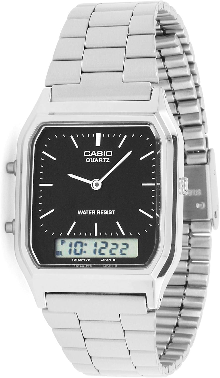 Detalle de Casio AQ-230A-7DMQYES: reloj cuarzo unisex de 34 mm con dial analógico-digital y correa de acero