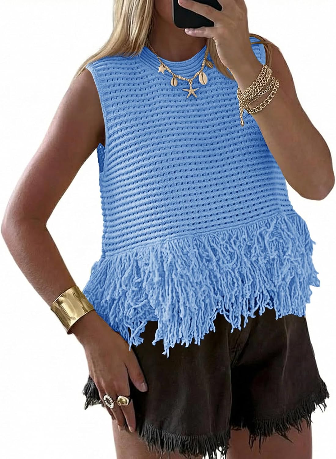 Thumbnail 6 de Saodimallsu Women’s Crochet Crop Tank Top with Fringe Sleeveless Boho Knit
