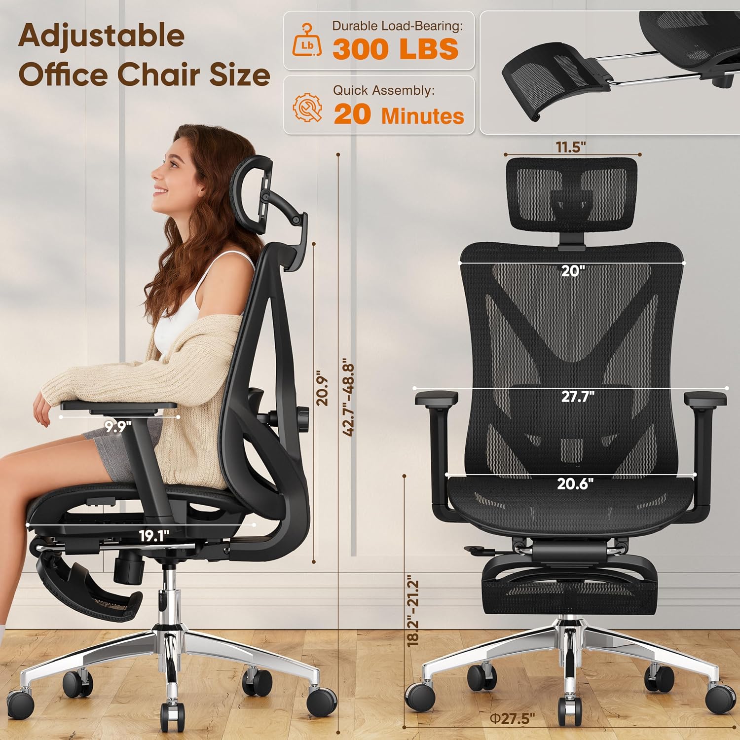 Detalle de GABRYLLY GYMN01 Ergonomic Office Chair with Footrest, 135° Recline and Mesh Back