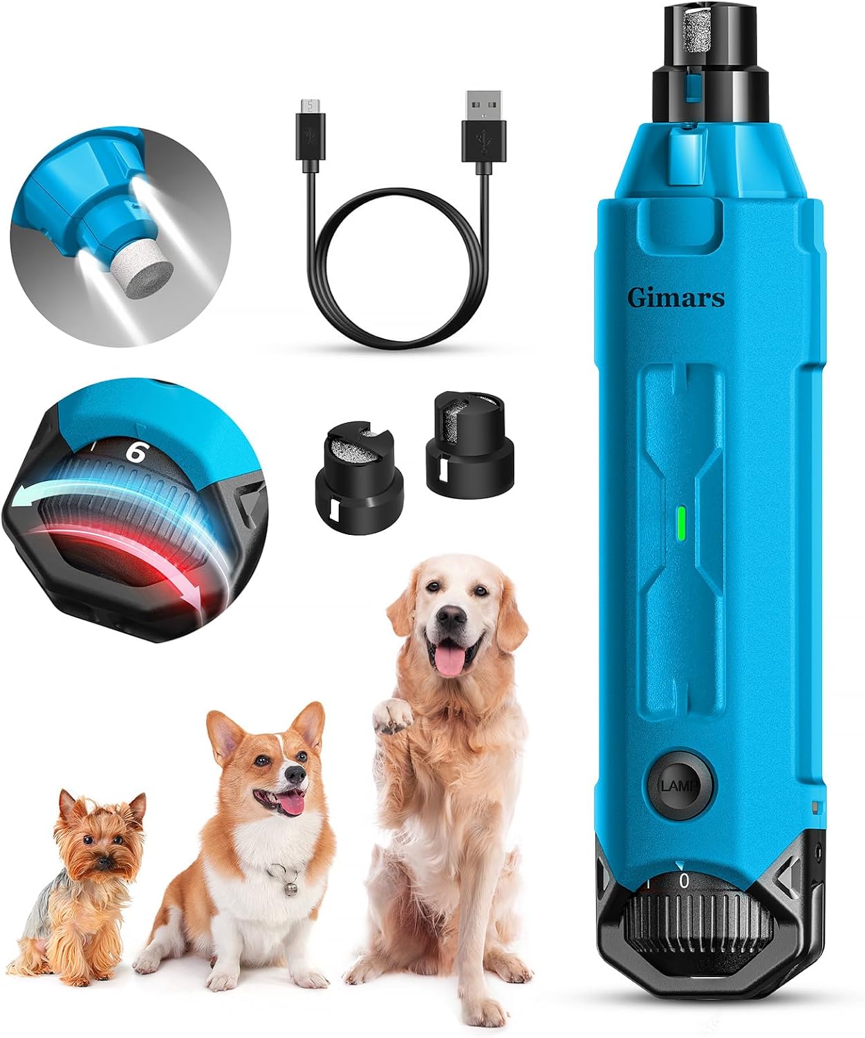 Detalle de Gimars Krallenschleifer für Hunde 6-Gang mit 2 LED-Licht – leise, 12000 RPM, USB-Aufladung