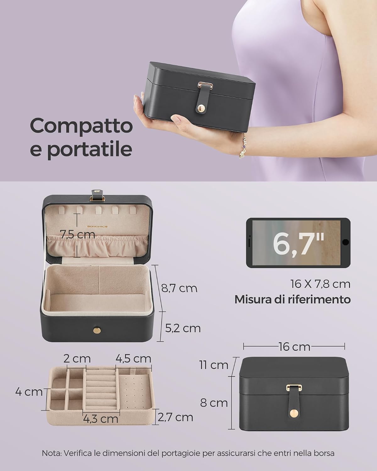 Detalle de SONGMICS GISELLA Collezione Scatola Portagioie da Viaggio 2 livelli – Grigio Ardesia (JBC166G01)