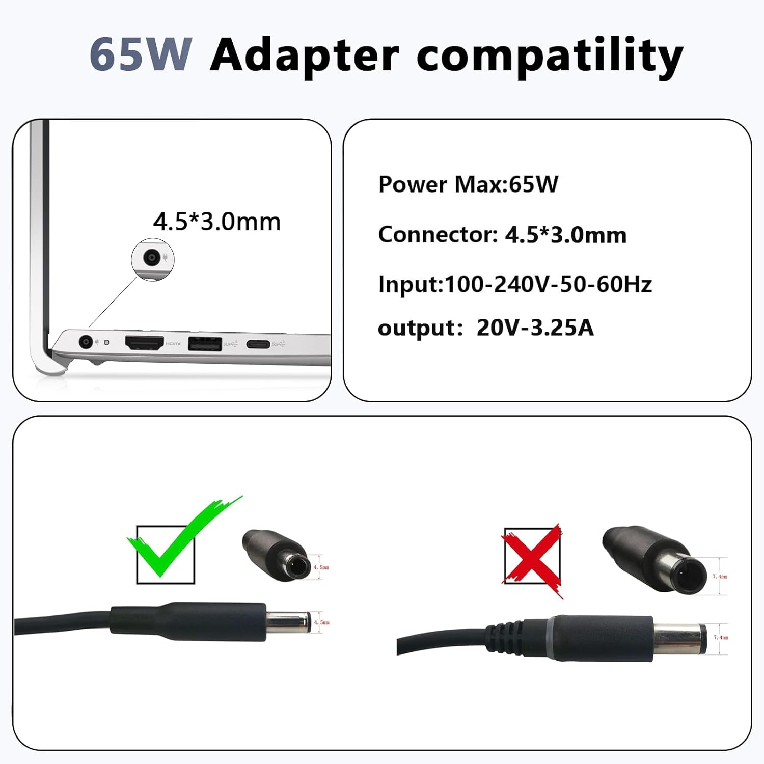 Thumbnail 1 de 65W 4.5mm AC Laptop Charger Compatible with Dell Inspiron, Latitude & Vostro (20V Output)