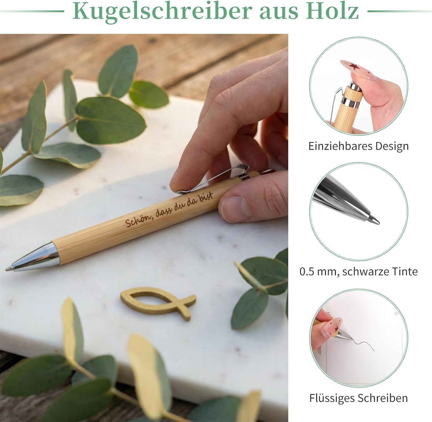 Detalle de Gastgeschenke Kommunion: 20er Set Bambus-Holz-Kugelschreiber mit Dankeskarte, Holzfisch & Organzabeutel