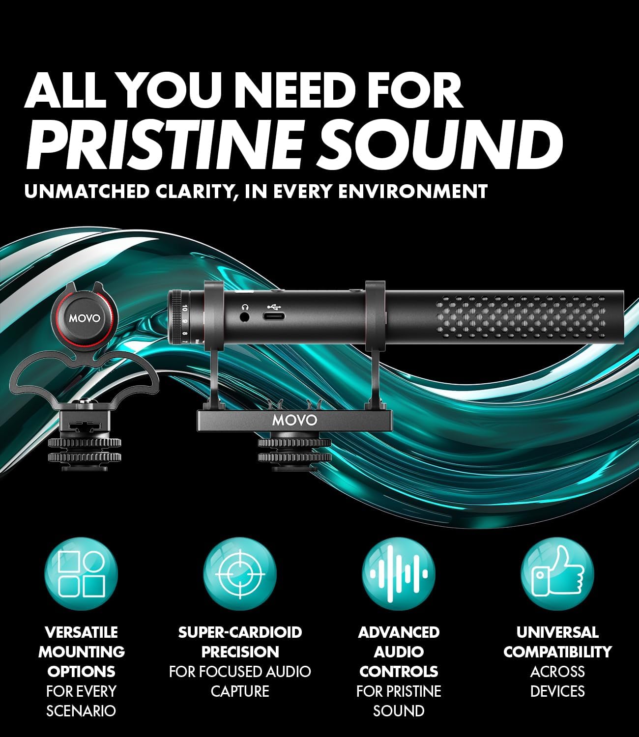 Detalle de Movo X1 Supercardioid Shotgun Microphone: a versatile on-camera AI for pro audio