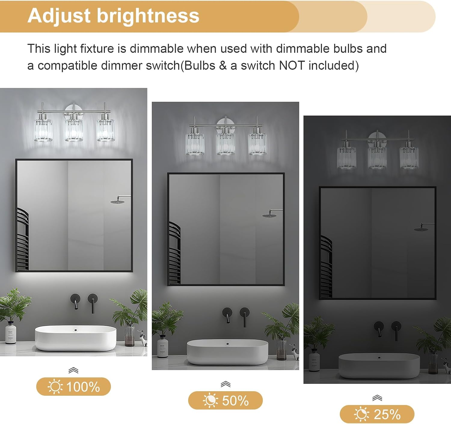 Detalle de Dvnctz DC20260411AA 3-Light Vanity Light, Brushed Nickel with Crystal Shades