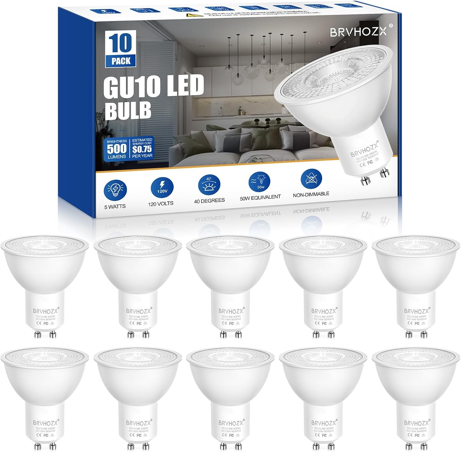 Detalle de BRVHOZX GU10-2835-8 PAR16 LED Bulbs, 5W, 4500K, 500 Lumens, 10-Pack