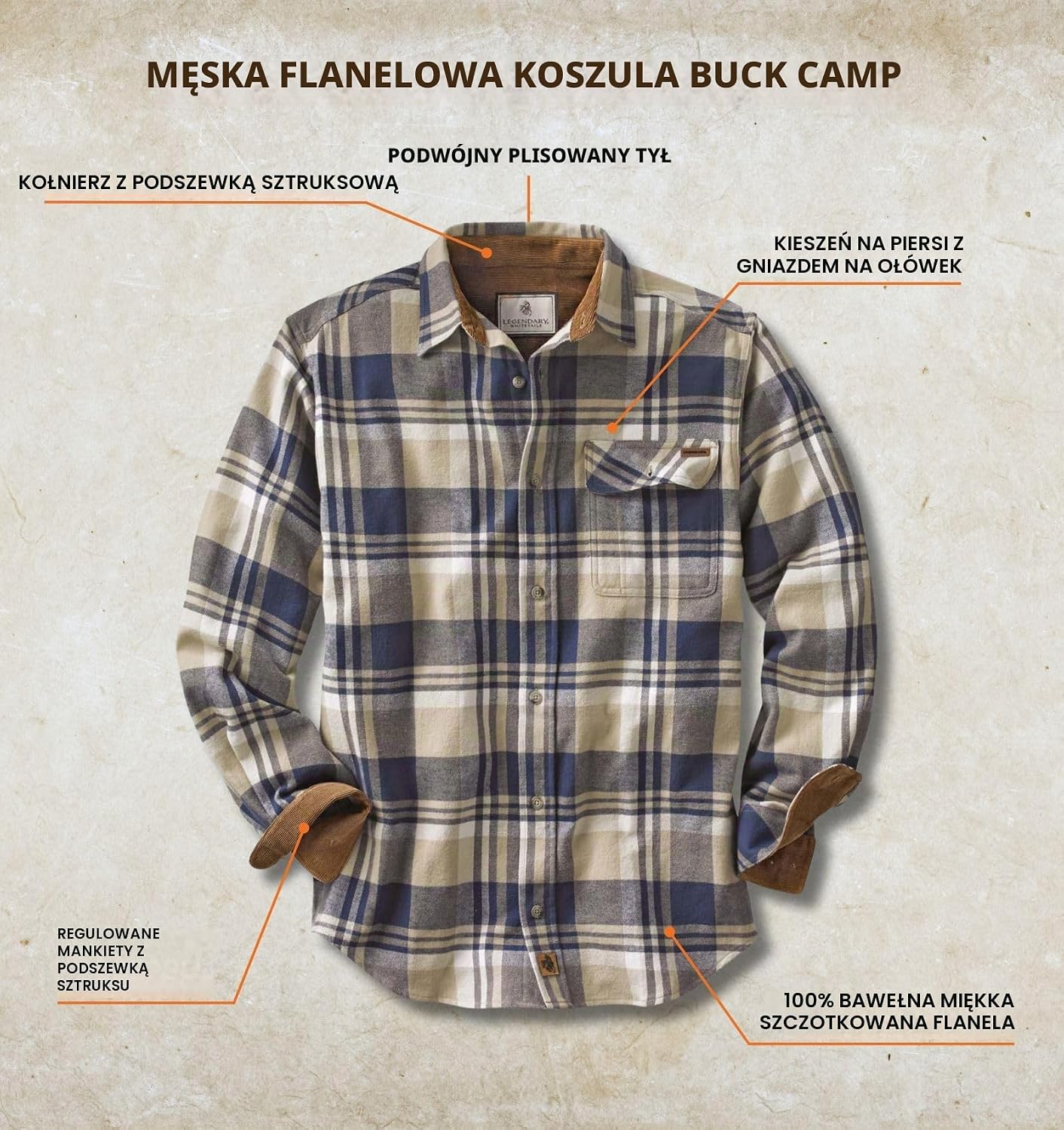 Detalle de Legendary Whitetails Buck Camp Flannel Shirt – męska koszula flanelowa