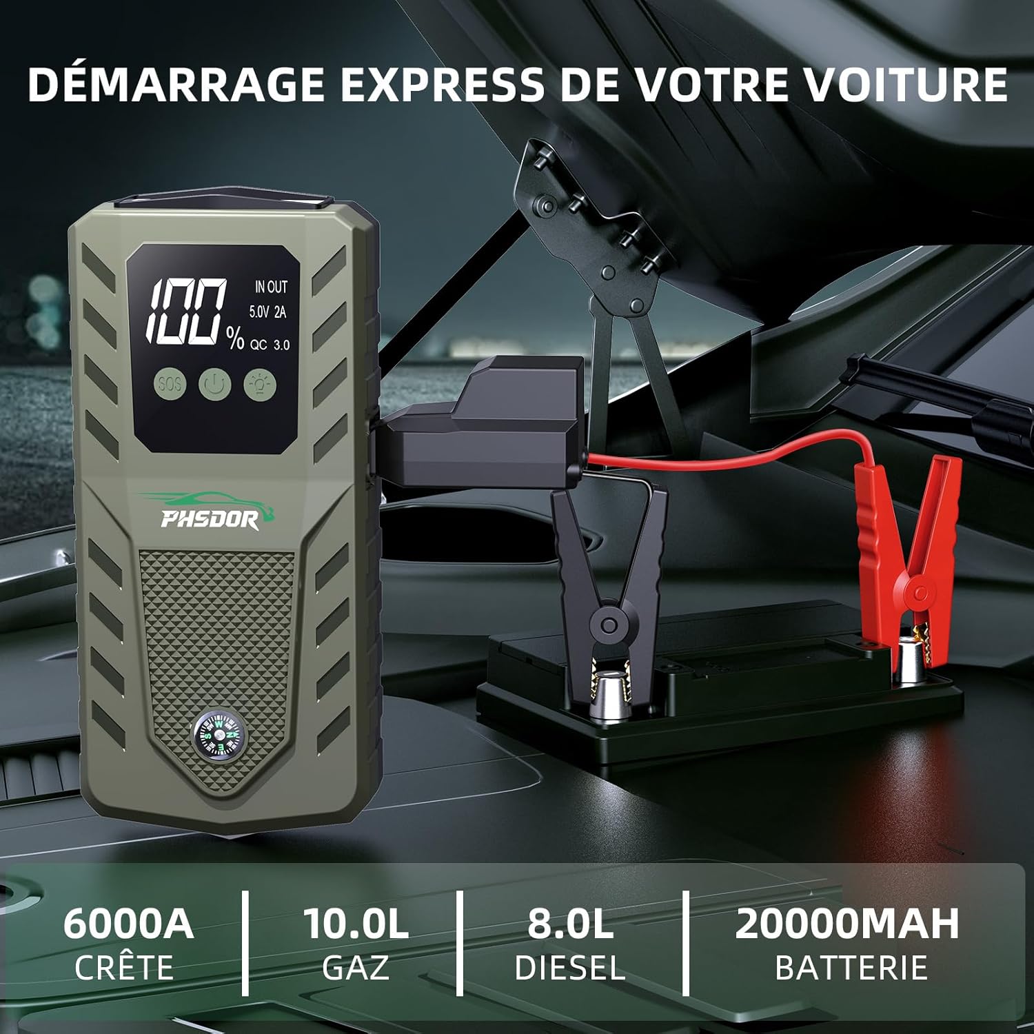 Thumbnail 1 de 6000A Booster batterie voiture 20000 mAh (10L essence / 8L diesel) avec lampe LED 3 modes et fonction power bank
