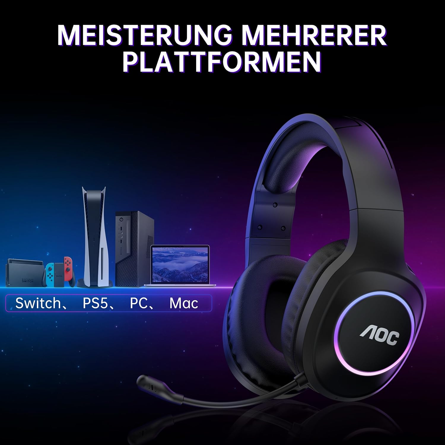 Detalle de AOC Gaming Headset kabellos: 2,4 GHz + Bluetooth 5.4, 7.1 Surround, 239 g