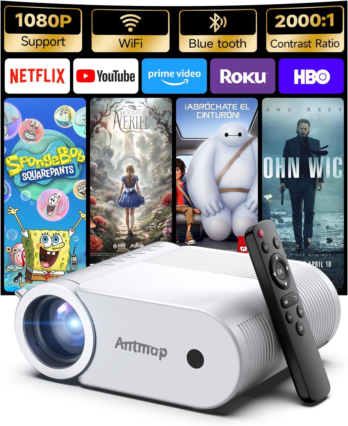 Detalle de Mini Projector With WiFi 6 and Bluetooth 5.4: 400 ANSI Portable 1080P, 200" Display
