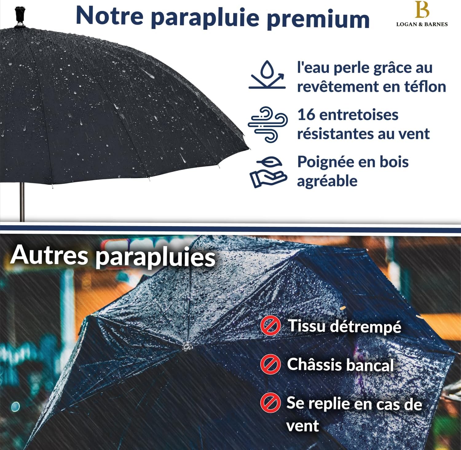 Detalle de LOGAN & BARNES Parapluie résistant à la tempête Ø120cm – EDINBURGH, XXL pour deux personnes