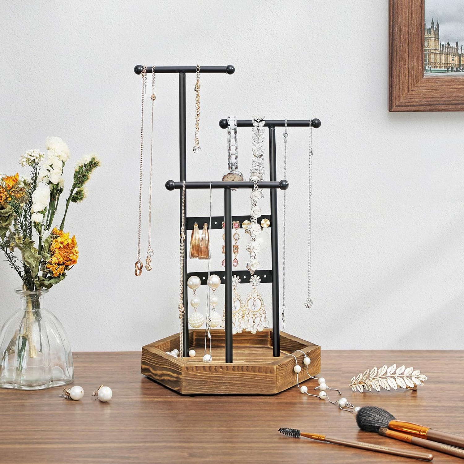 Detalle 2 de SONGMICS Caeley JJS03CB Jewellery Stand, 4 Storage Zones, Metal and Wood