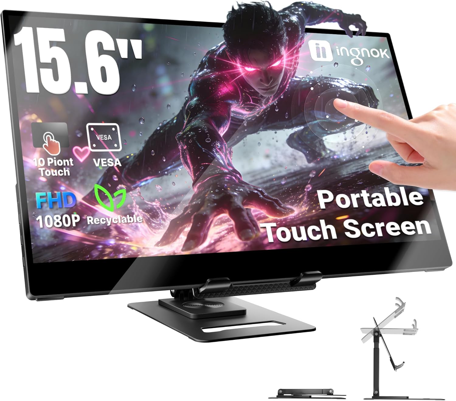 Ingnok 15.6-inch Portable Touchscreen Monitor with USB-C/HDMI and 360° Kickstand