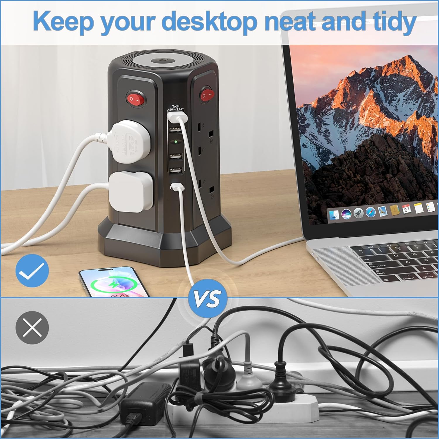 Thumbnail 4 de Tower Extension Lead 8-Way 3M with 5 USB Ports 🔌