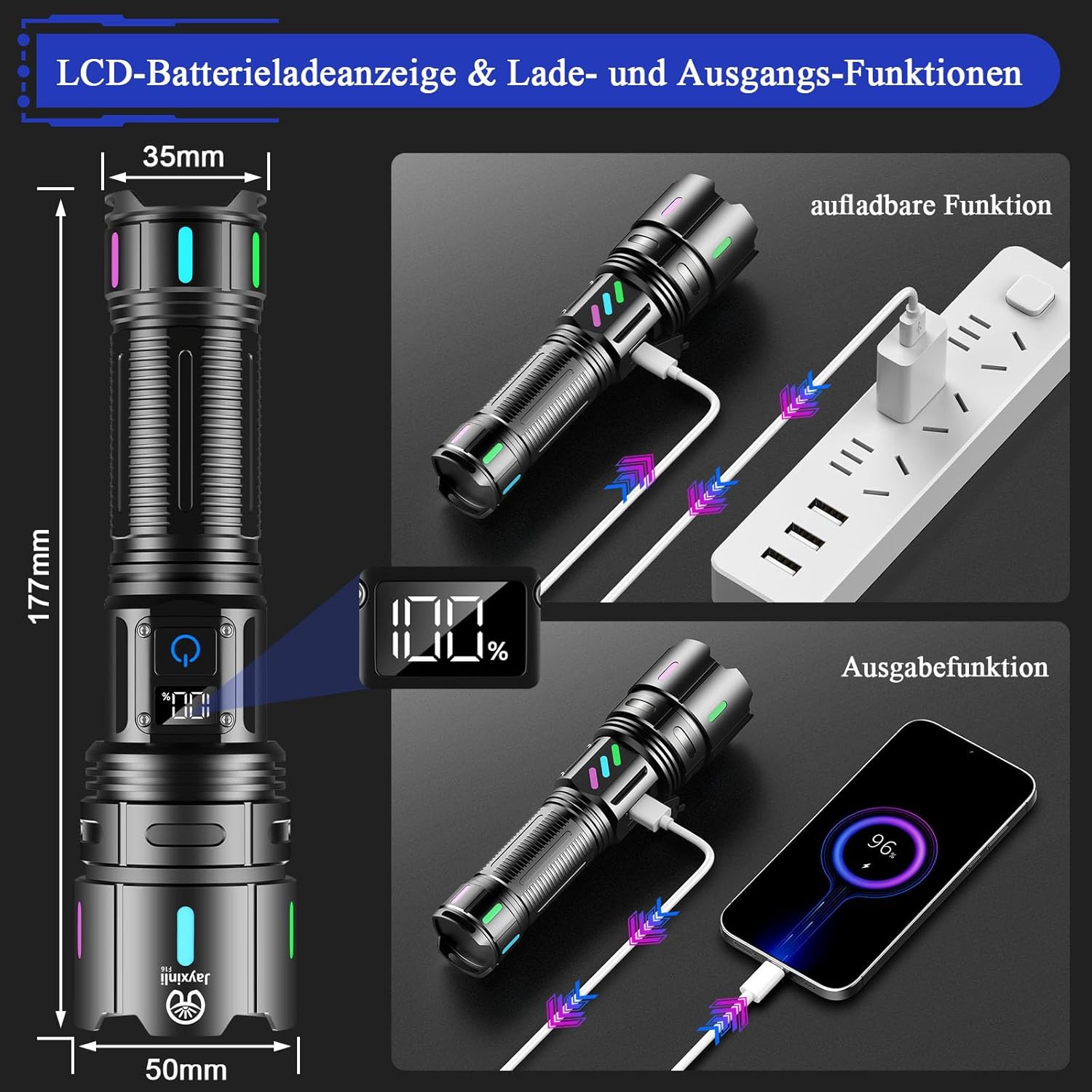 Thumbnail 3 de Jayxinli LED-Taschenlampe mit Akku, LCD-Batterieanzeige, Zoom und IP67