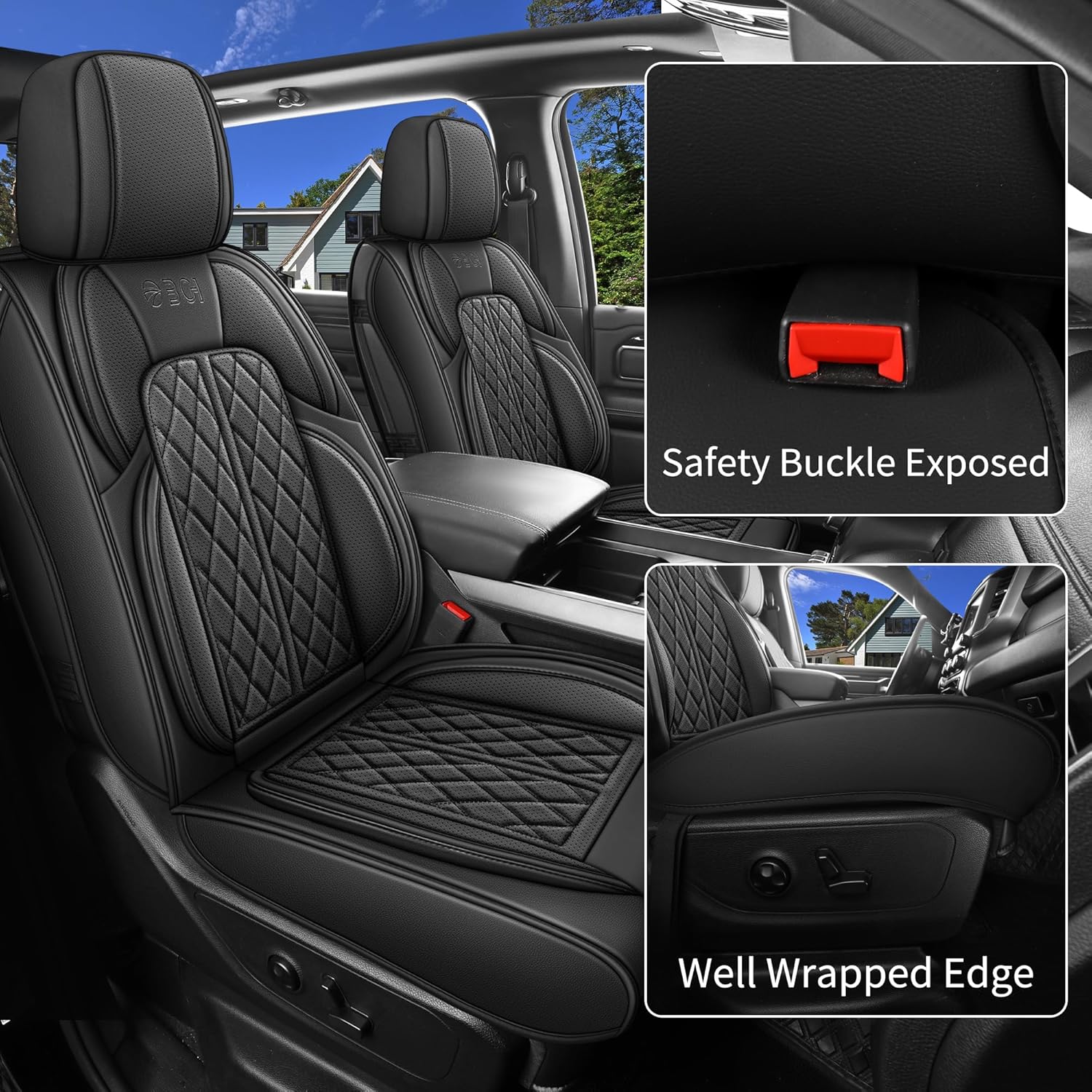 Thumbnail 2 de DuDuWang Custom Fit Faux Leather Car Seat Cover Set for Dodge Ram 1500/2500/3500 (2002–2026) — Black Front Seat