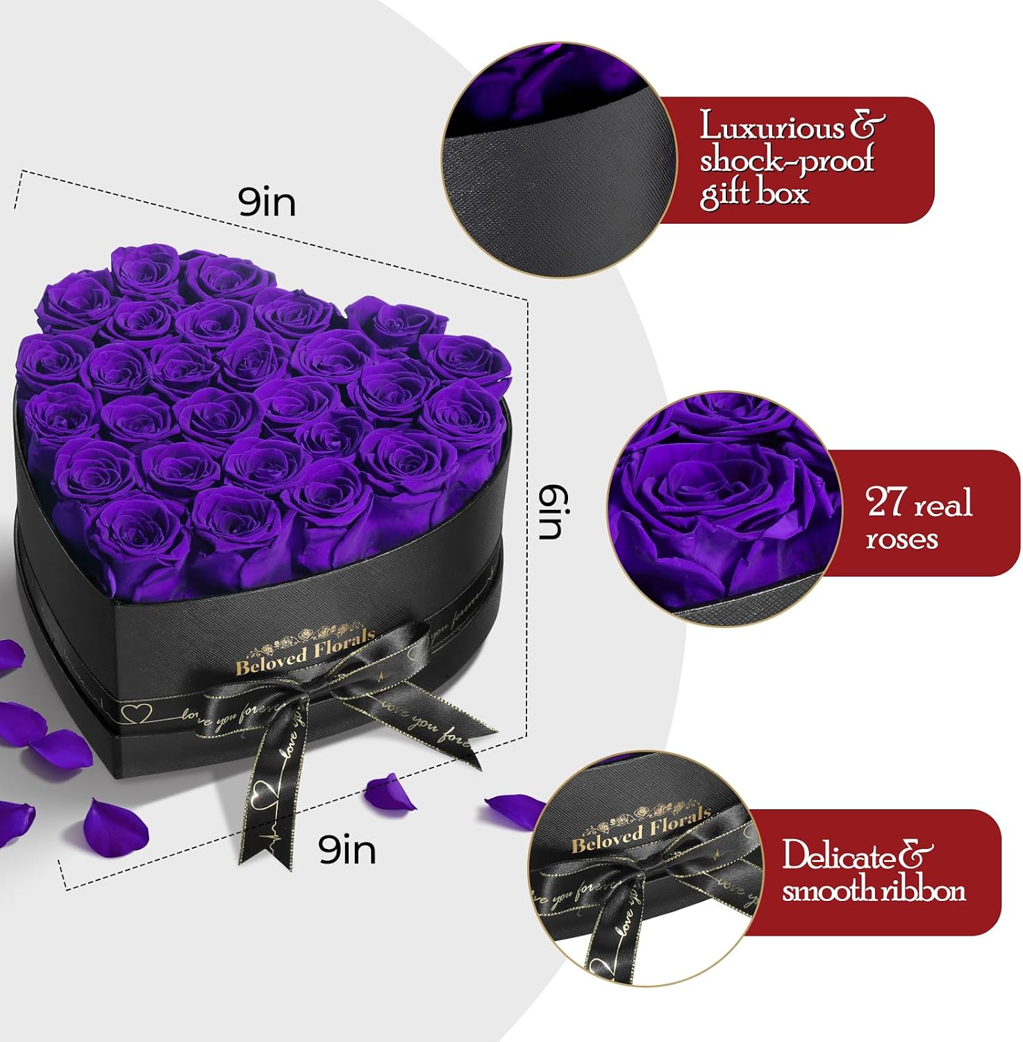 Detalle 2 de Auoasl 16 Preserved Flowers Rose Gift Box (Purple) for Women – Eternal Roses for Birthday, Valentine’s Day, Mother’s Day, Christmas
