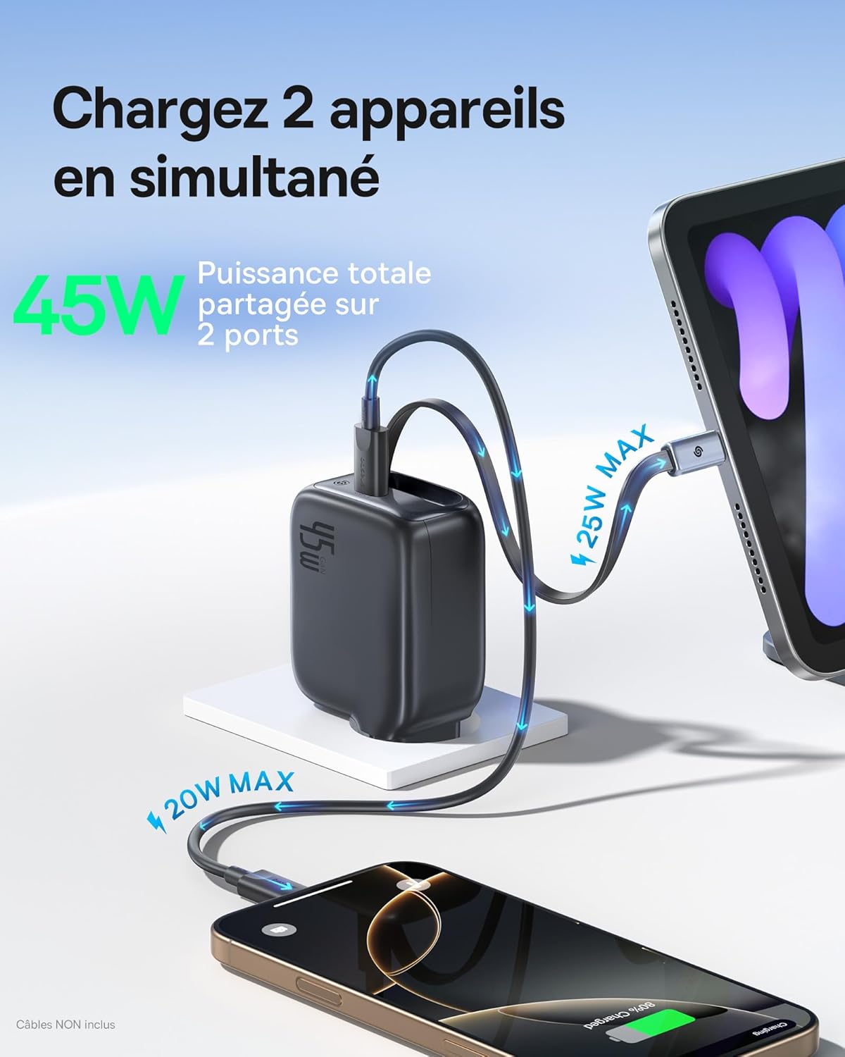 Detalle de Chargeur USB‑C 45W Baseus Enercore avec câble intégré – charge rapide et rétractable