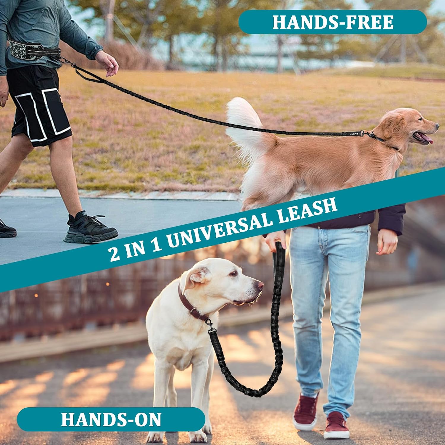 Detalle de Philorn Heavy Hands Free Dog Lead with Wide Waist Belt – Dual Handles, 50kg Shock Absorbing Bungee, Reflective for Medium to Large Dogs