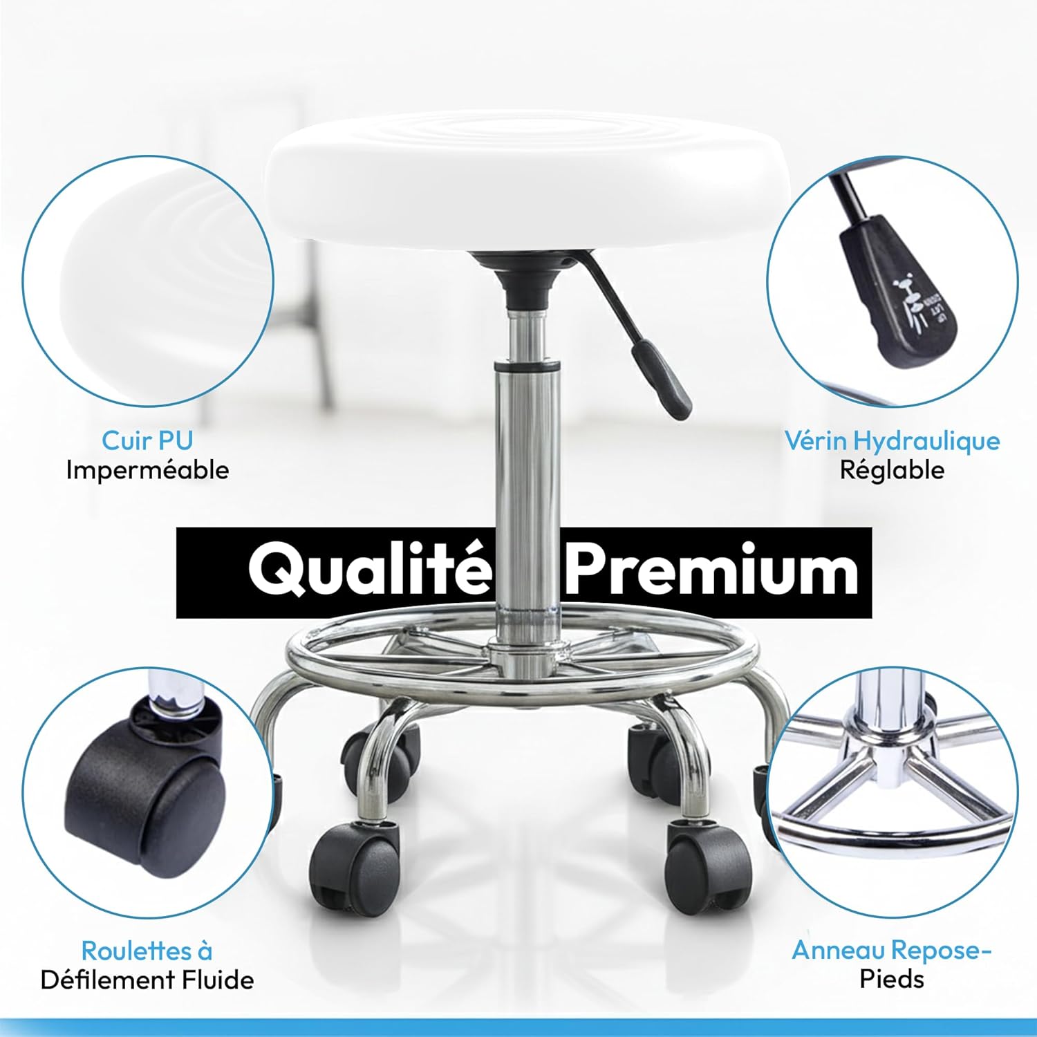 Thumbnail 2 de GOODS+GADGETS Ergonomie tabouret de travail enroulable pivotant, hauteur réglable (blanc)