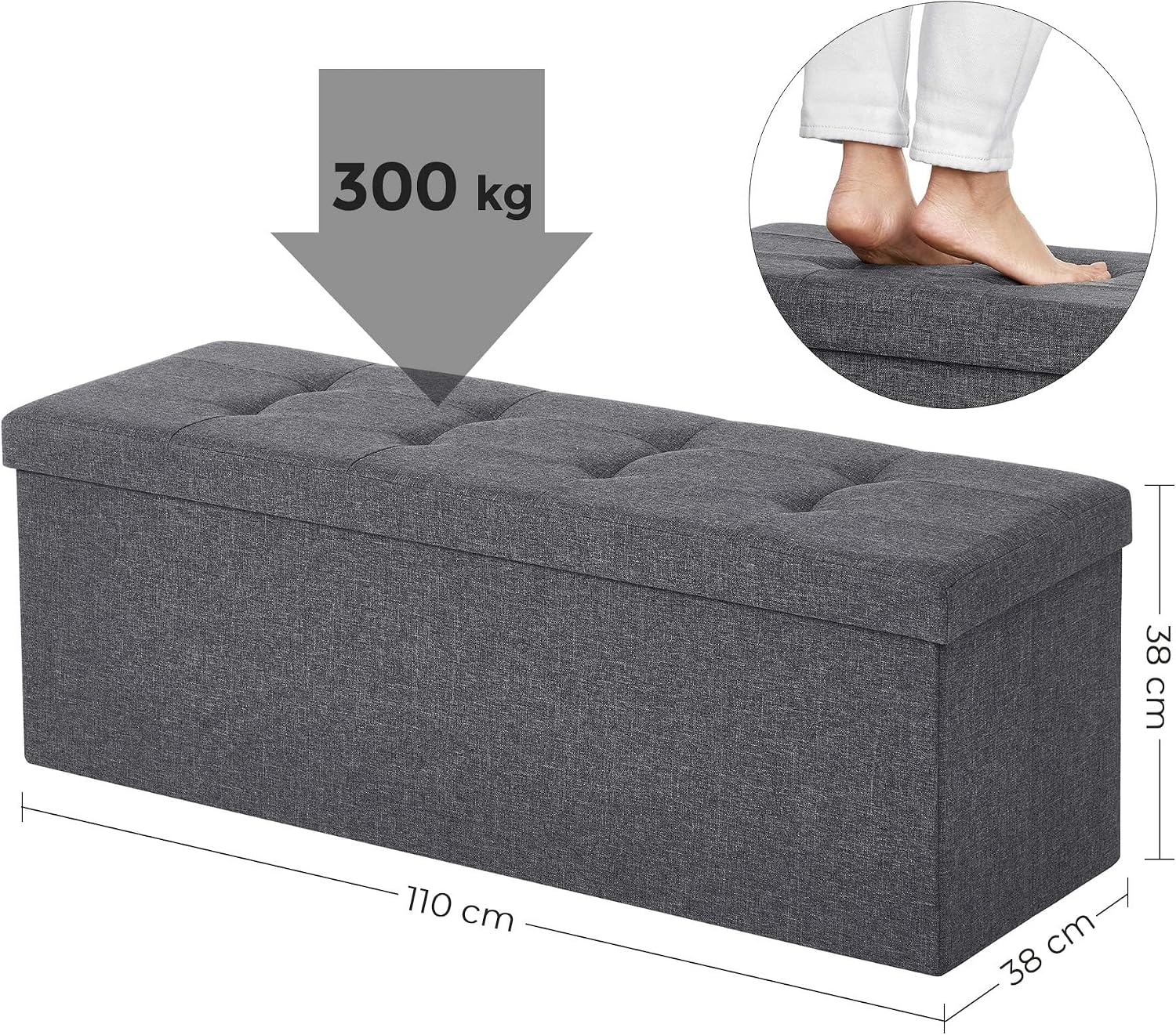 Thumbnail 6 de SONGMICS MAZIE LSF77K cassapanca con pouf contenitore e poggiapiedi pieghevole grigio scuro, 38 x 110 x 38 cm
